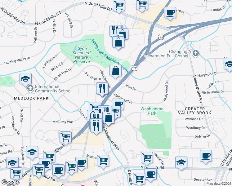 map of restaurants, bars, coffee shops, grocery stores, and more near 2755 Harrington Drive in Decatur