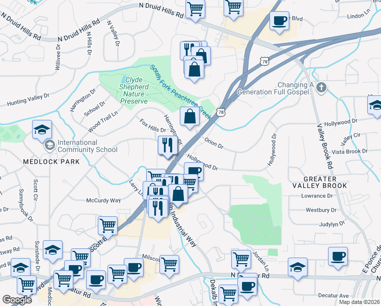 map of restaurants, bars, coffee shops, grocery stores, and more near 2755 Harrington Drive in Decatur