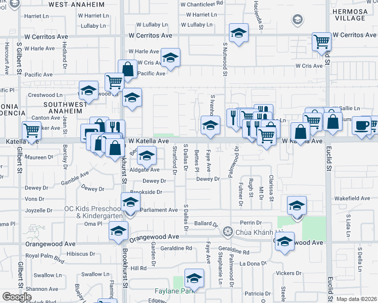 map of restaurants, bars, coffee shops, grocery stores, and more near 11042 Bettes Place in Garden Grove