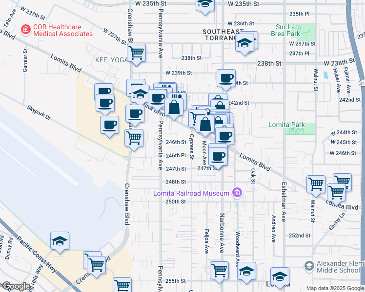 map of restaurants, bars, coffee shops, grocery stores, and more near 2322 246th Street in Lomita