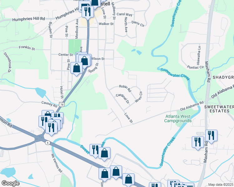 map of restaurants, bars, coffee shops, grocery stores, and more near 3 Cardinal Drive in Austell