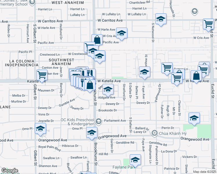 map of restaurants, bars, coffee shops, grocery stores, and more near 10112 Becca Drive in Garden Grove