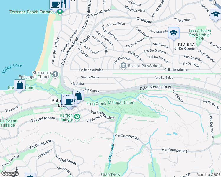 map of restaurants, bars, coffee shops, grocery stores, and more near 2737 Palos Verdes Drive North in Palos Verdes Estates