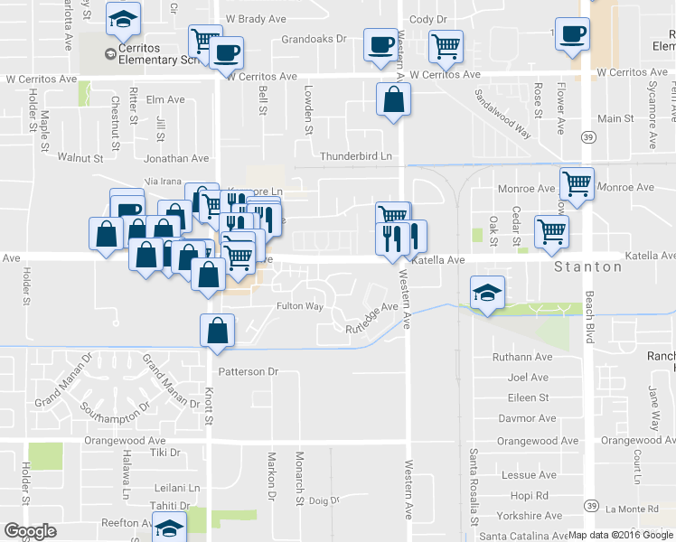map of restaurants, bars, coffee shops, grocery stores, and more near 11075 Dudley Way in Stanton