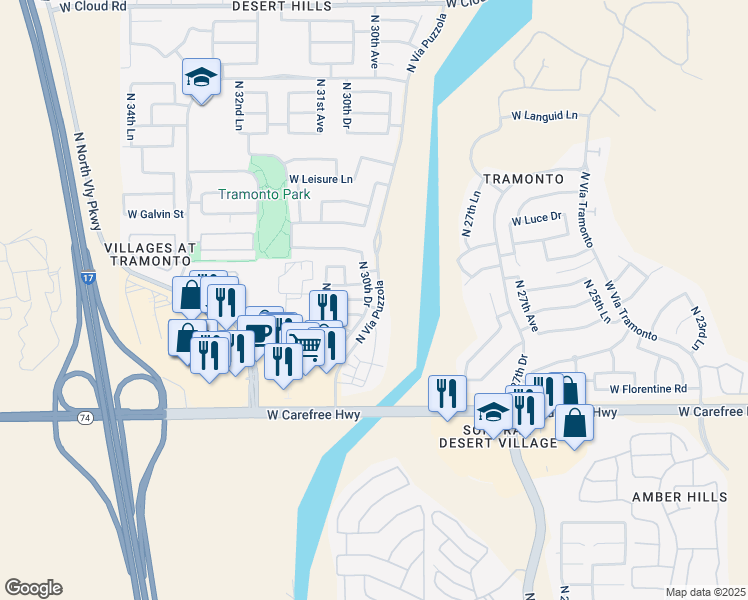 map of restaurants, bars, coffee shops, grocery stores, and more near 35005 North 30th Drive in Phoenix