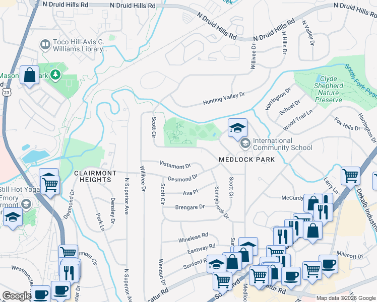 map of restaurants, bars, coffee shops, grocery stores, and more near 920 Scott Circle in Decatur