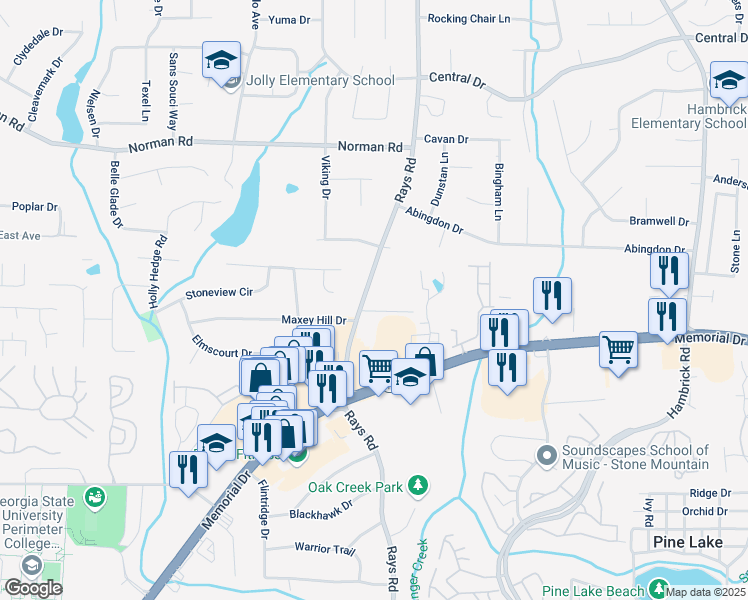 map of restaurants, bars, coffee shops, grocery stores, and more near 833 Rays Road in Stone Mountain