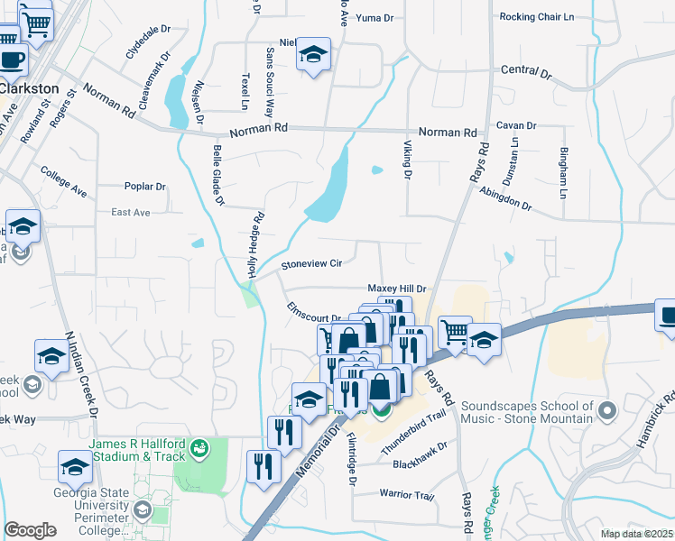 map of restaurants, bars, coffee shops, grocery stores, and more near 4021 Stoneview Circle in Stone Mountain