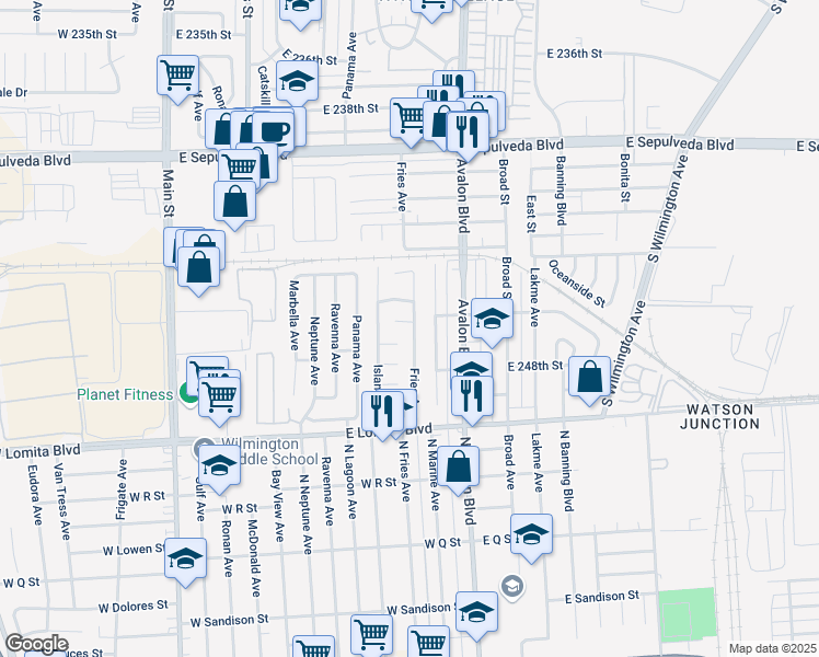 map of restaurants, bars, coffee shops, grocery stores, and more near 524 East 246th Street in Carson