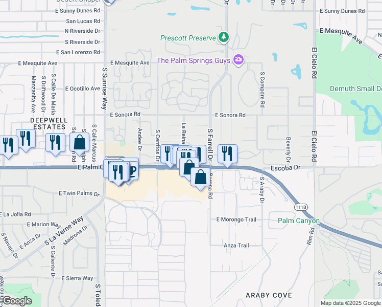 map of restaurants, bars, coffee shops, grocery stores, and more near 1630 La Reina Way in Palm Springs