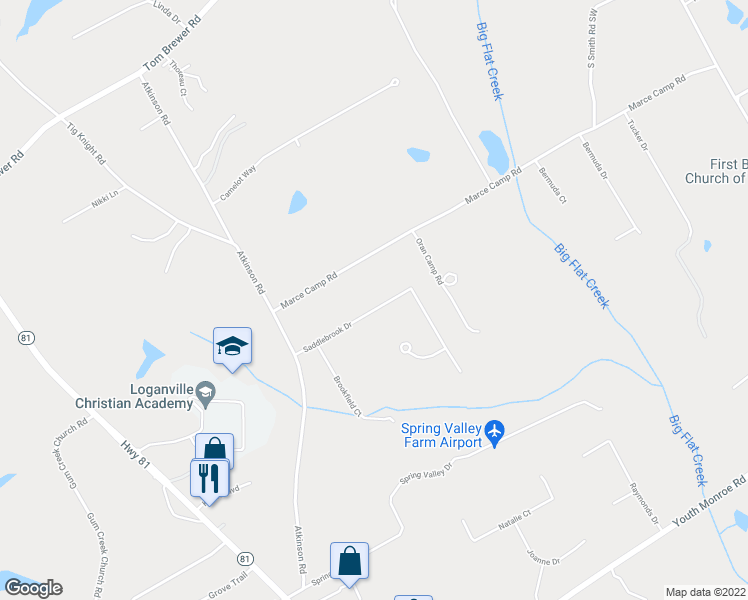 map of restaurants, bars, coffee shops, grocery stores, and more near 3583 Saddlebrook Drive in Loganville