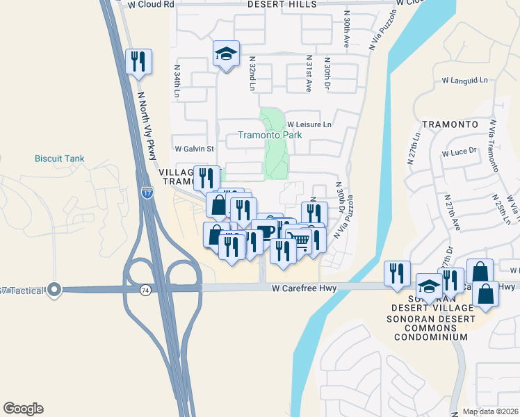 map of restaurants, bars, coffee shops, grocery stores, and more near 34975 North Valley Parkway in Phoenix