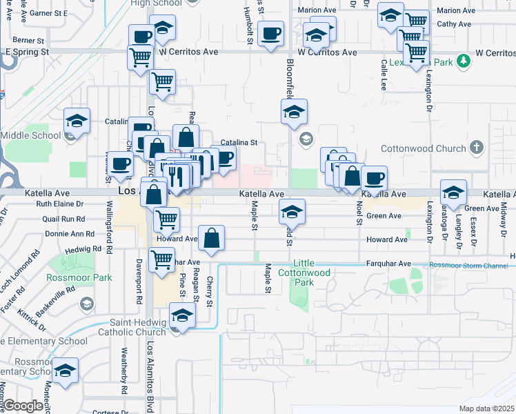 map of restaurants, bars, coffee shops, grocery stores, and more near 11054 Maple Street in Los Alamitos