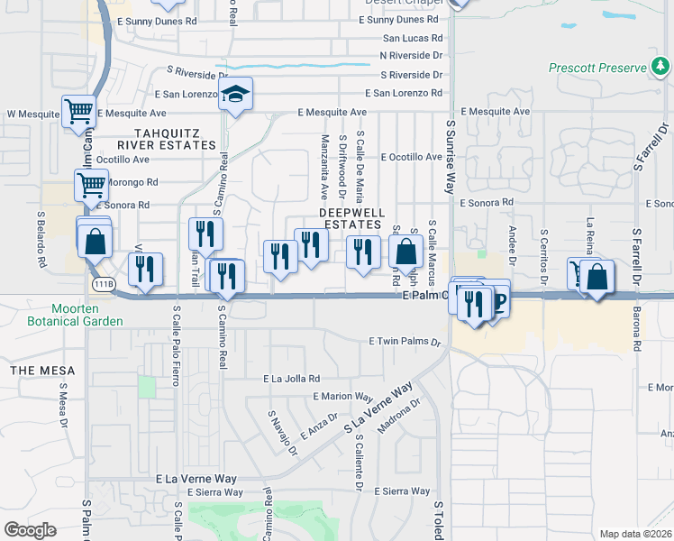map of restaurants, bars, coffee shops, grocery stores, and more near 1150 East Palm Canyon Drive in Palm Springs