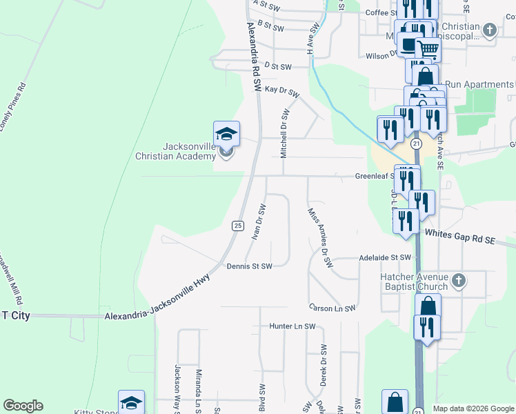 map of restaurants, bars, coffee shops, grocery stores, and more near 909 Ivan Drive Southwest in Jacksonville