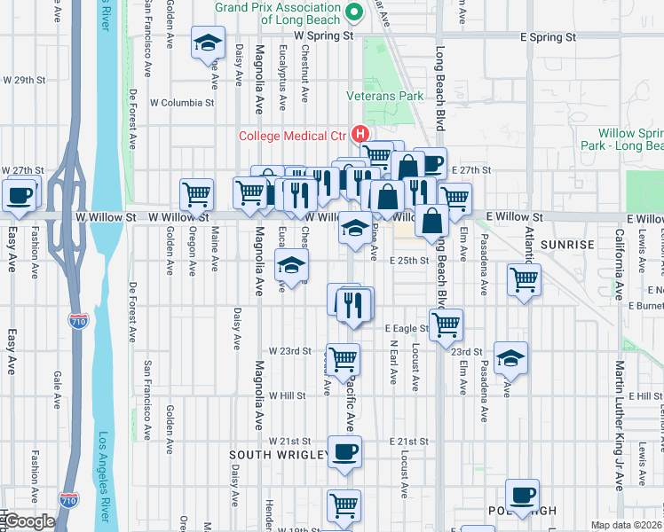 map of restaurants, bars, coffee shops, grocery stores, and more near 2490 Cedar Avenue in Long Beach