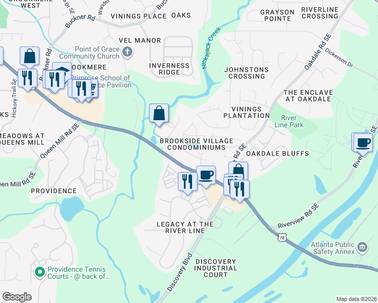 map of restaurants, bars, coffee shops, grocery stores, and more near 6437 Brookside Boulevard in Mableton