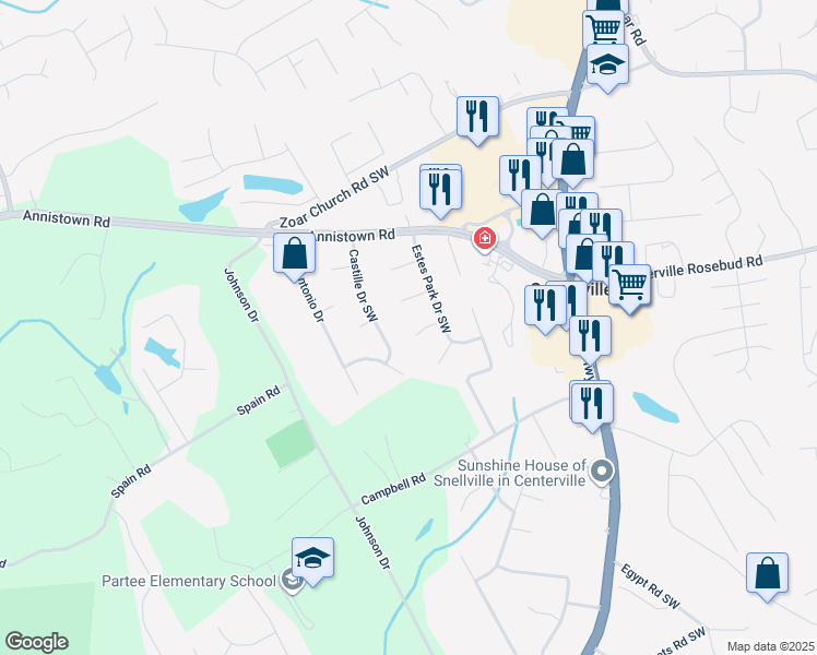 map of restaurants, bars, coffee shops, grocery stores, and more near 4095 Sage Court Southwest in Snellville