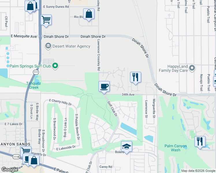 map of restaurants, bars, coffee shops, grocery stores, and more near 1743 Firestone Plaza in Palm Springs