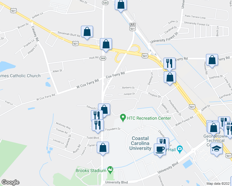 map of restaurants, bars, coffee shops, grocery stores, and more near 1854 Juniper Drive in Conway