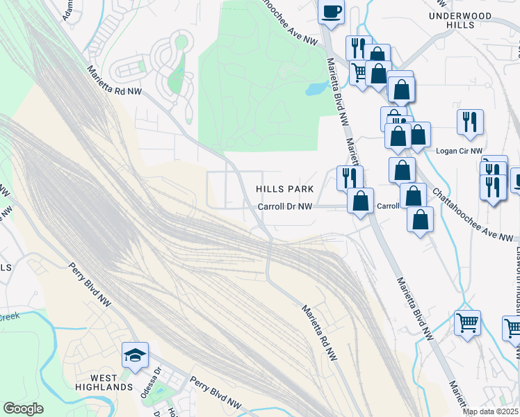 map of restaurants, bars, coffee shops, grocery stores, and more near 1726 Annie Street Northwest in Atlanta