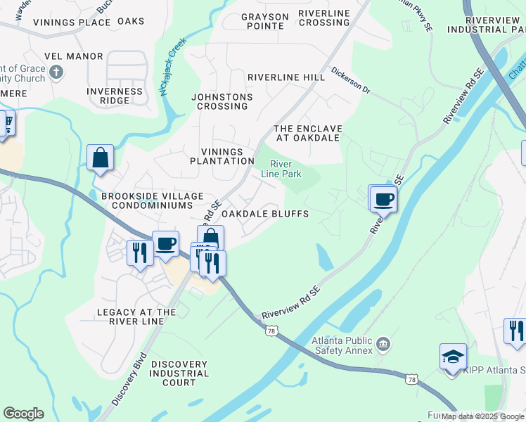map of restaurants, bars, coffee shops, grocery stores, and more near 6102 Indian Wood Circle in Mableton