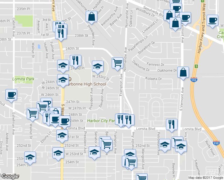 map of restaurants, bars, coffee shops, grocery stores, and more near 1358 West 244th Street in Los Angeles