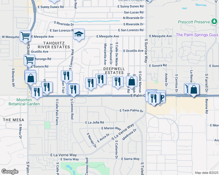 map of restaurants, bars, coffee shops, grocery stores, and more near 1150 East Palm Canyon Drive in Palm Springs