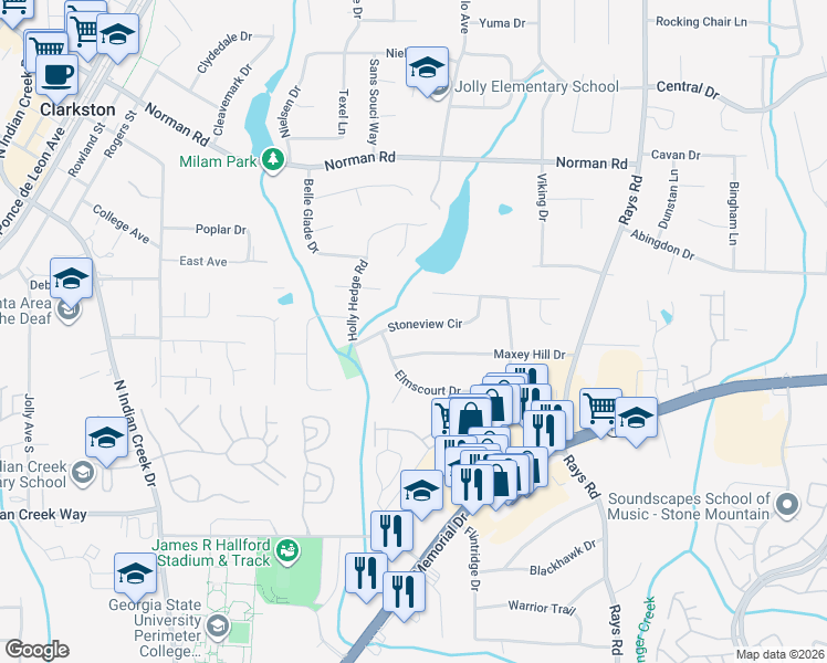 map of restaurants, bars, coffee shops, grocery stores, and more near 3983 Stoneview Circle in Stone Mountain
