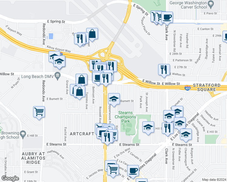 map of restaurants, bars, coffee shops, grocery stores, and more near 2501 Pepperwood Avenue in Long Beach