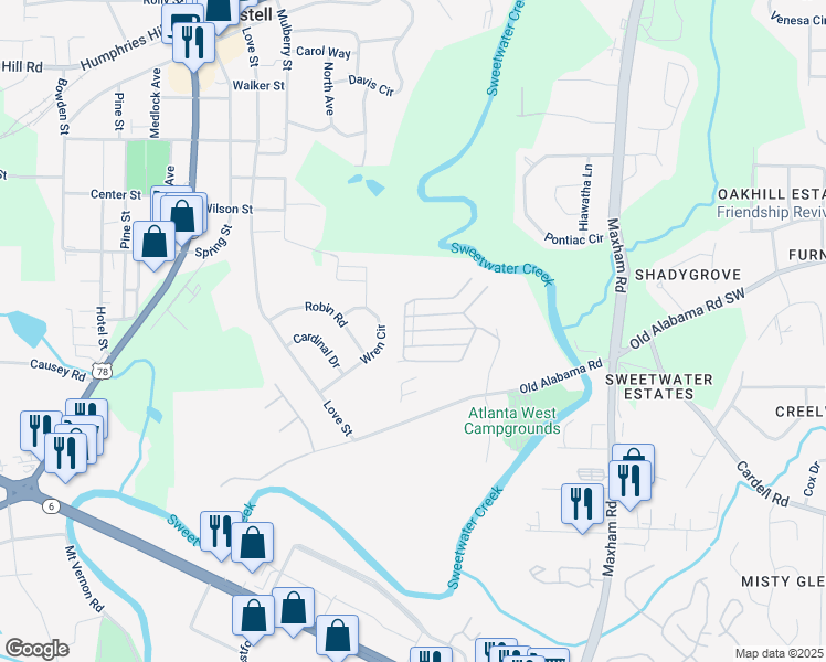 map of restaurants, bars, coffee shops, grocery stores, and more near 98 Creekway Drive in Austell