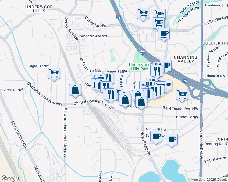 map of restaurants, bars, coffee shops, grocery stores, and more near 1727 Defoor Avenue Northwest in Atlanta