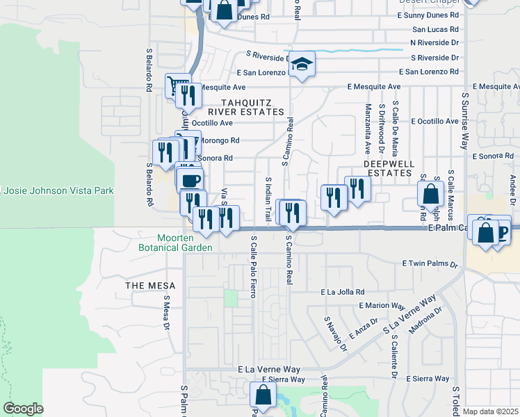 map of restaurants, bars, coffee shops, grocery stores, and more near 1650 South Calle Palo Fierro in Palm Springs