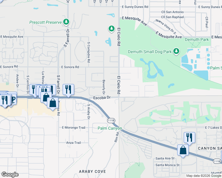 map of restaurants, bars, coffee shops, grocery stores, and more near 3158 Anzuelo Circle in Palm Springs