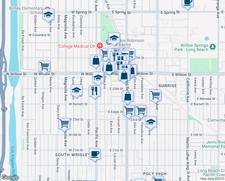 map of restaurants, bars, coffee shops, grocery stores, and more near 2478 Earl Avenue in Long Beach
