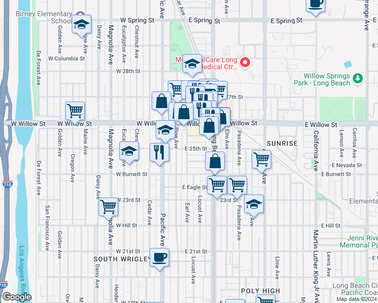 map of restaurants, bars, coffee shops, grocery stores, and more near 2478 Earl Avenue in Long Beach