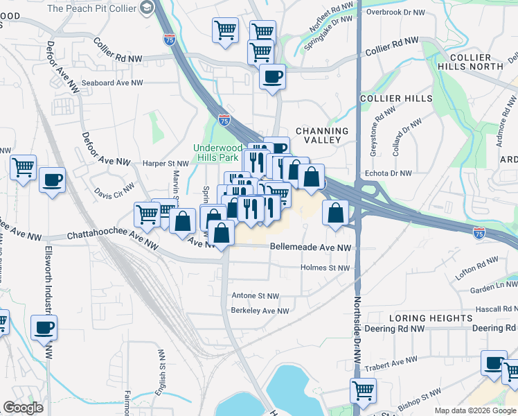 map of restaurants, bars, coffee shops, grocery stores, and more near 781 Bellemeade Avenue Northwest in Atlanta