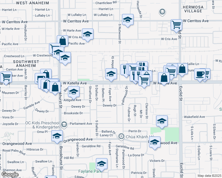 map of restaurants, bars, coffee shops, grocery stores, and more near 11052 Faye Avenue in Garden Grove