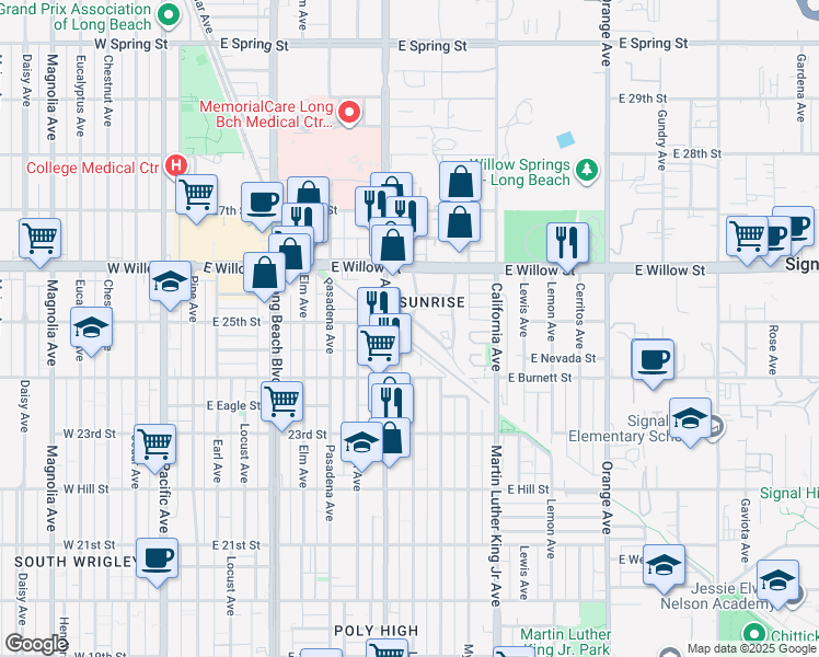 map of restaurants, bars, coffee shops, grocery stores, and more near 725 East Sunrise Boulevard in Long Beach