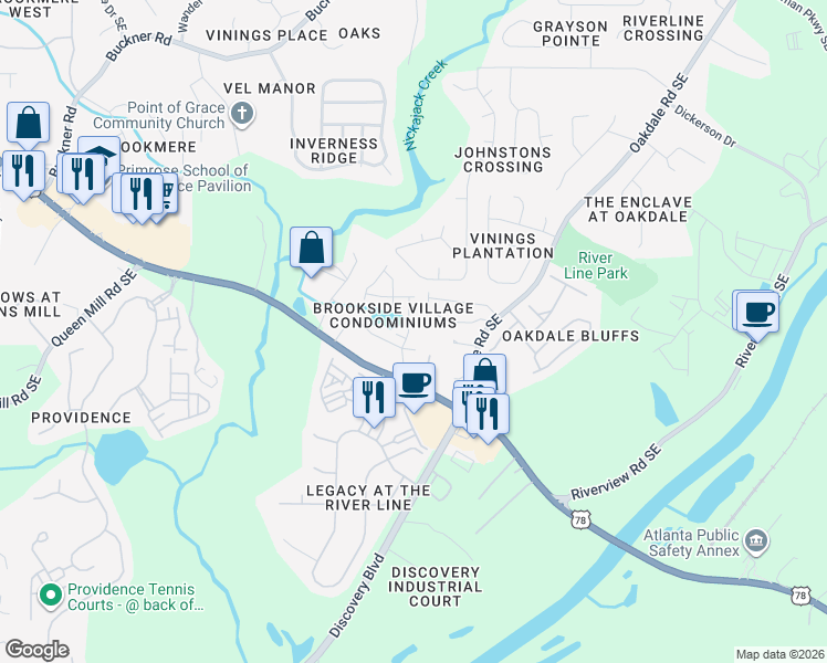 map of restaurants, bars, coffee shops, grocery stores, and more near 1456 Ridgebend Way Southeast in Mableton