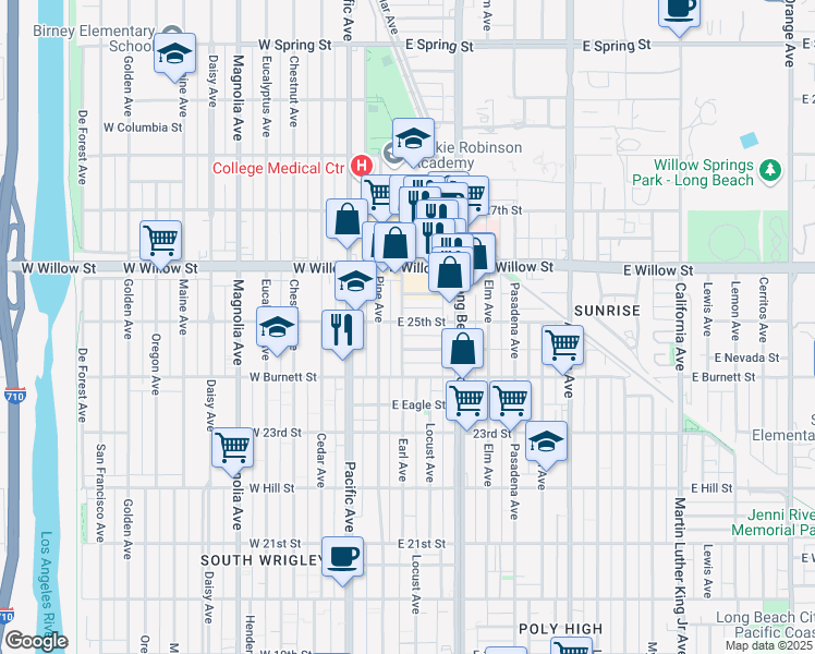 map of restaurants, bars, coffee shops, grocery stores, and more near 2478 Earl Avenue in Long Beach