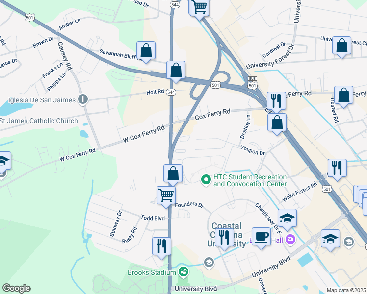 map of restaurants, bars, coffee shops, grocery stores, and more near 3555 South Carolina 544 in Conway