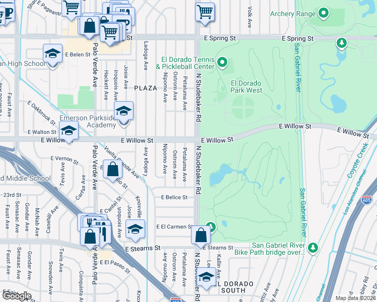 map of restaurants, bars, coffee shops, grocery stores, and more near 2534 Petaluma Avenue in Long Beach