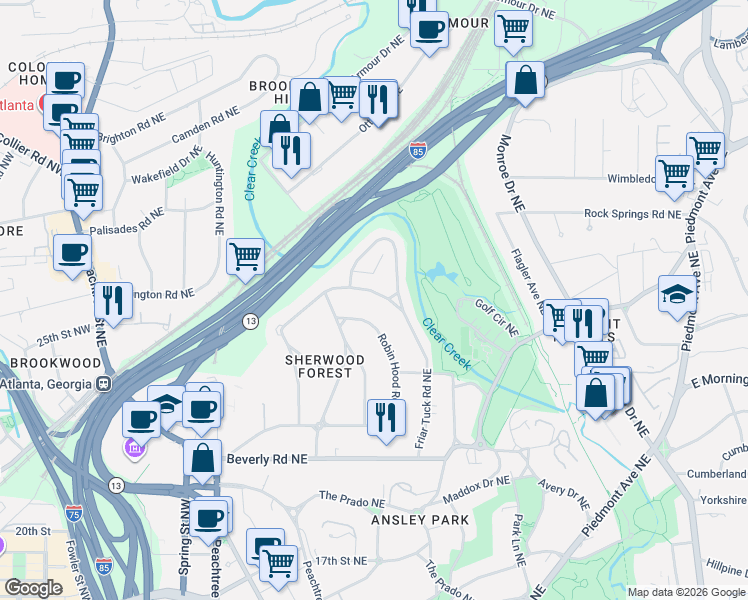 map of restaurants, bars, coffee shops, grocery stores, and more near 1750 Friar Tuck Road Northeast in Atlanta
