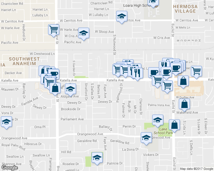 map of restaurants, bars, coffee shops, grocery stores, and more near 11052 Faye Avenue in Garden Grove