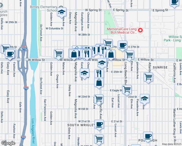 map of restaurants, bars, coffee shops, grocery stores, and more near 322 West 25th Street in Long Beach