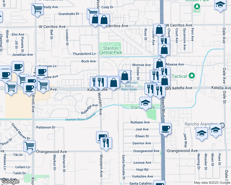 map of restaurants, bars, coffee shops, grocery stores, and more near 7622 Katella Avenue in Stanton