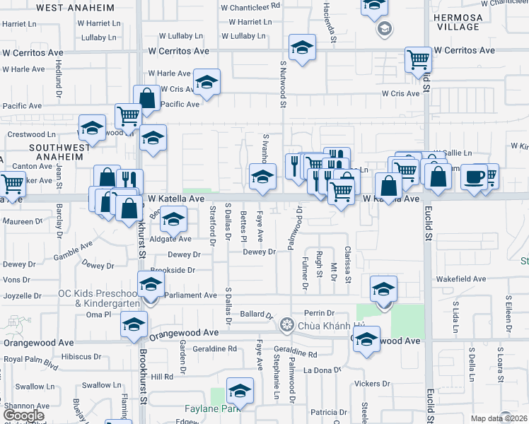 map of restaurants, bars, coffee shops, grocery stores, and more near 11052 Faye Avenue in Garden Grove