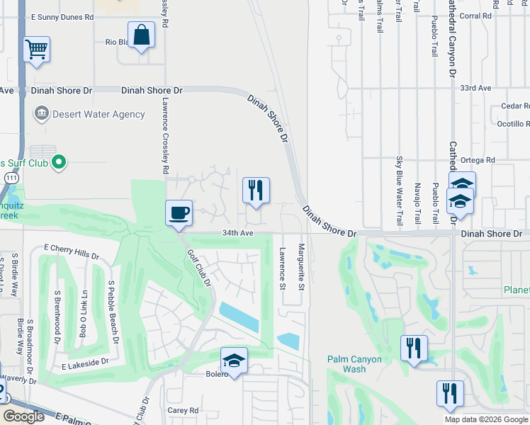 map of restaurants, bars, coffee shops, grocery stores, and more near 6241 Paseo De La Palma in Palm Springs