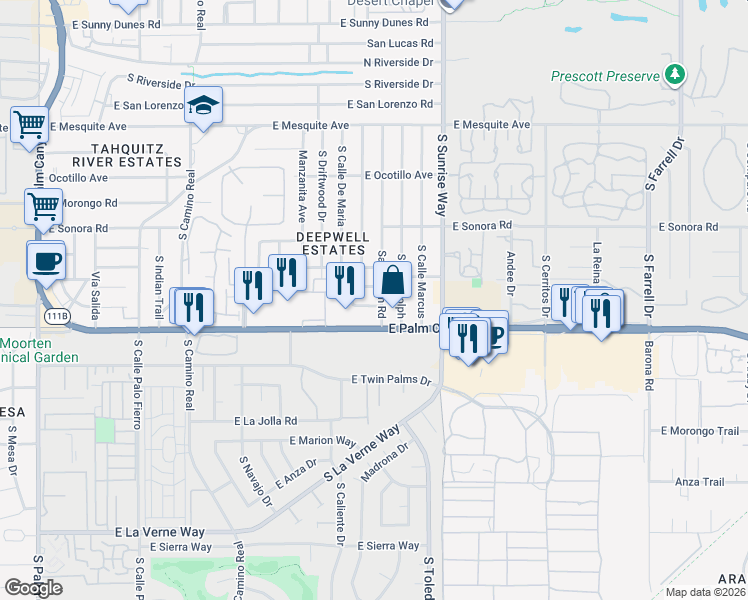 map of restaurants, bars, coffee shops, grocery stores, and more near 1644 Sagebrush Road in Palm Springs